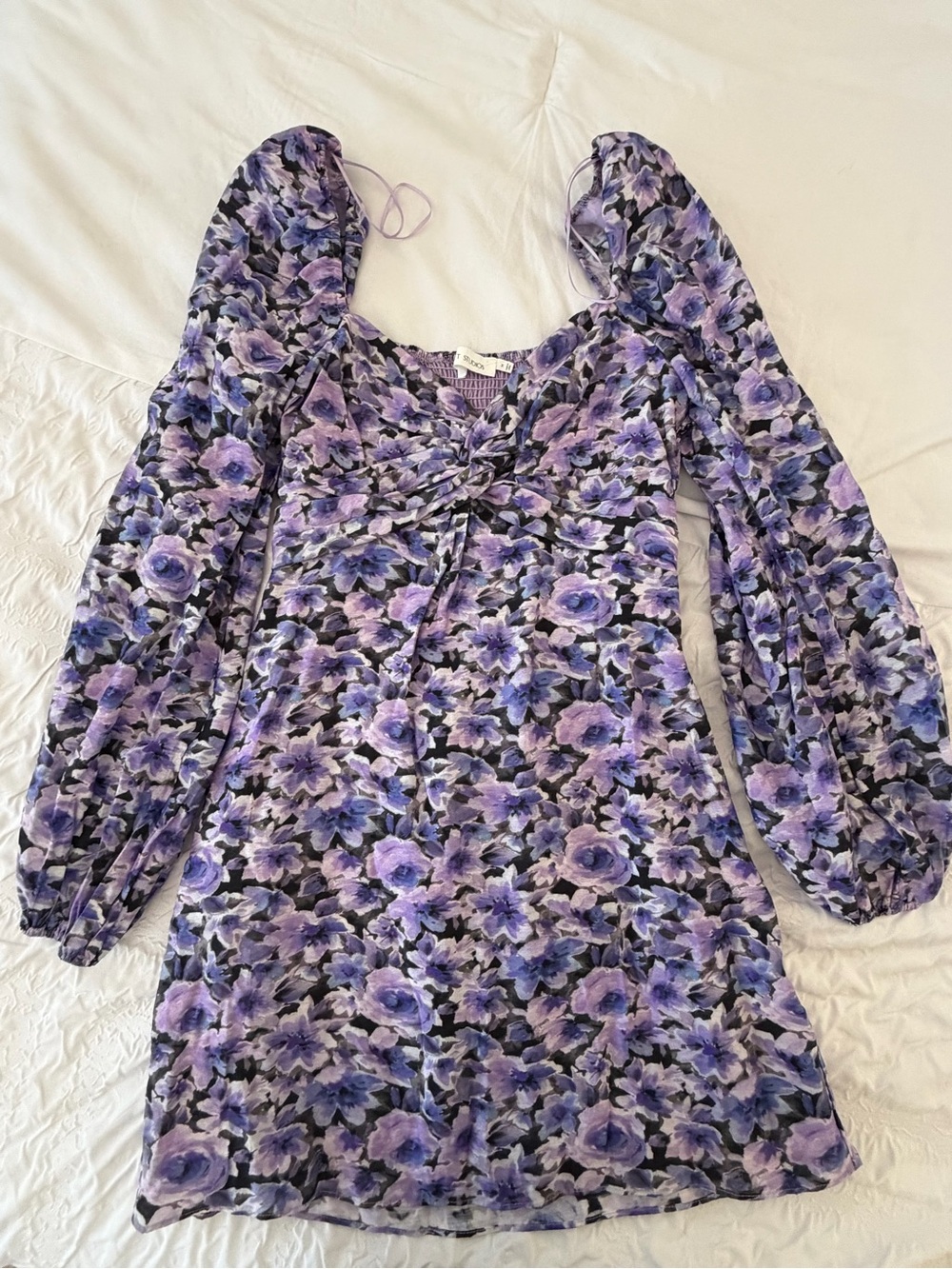 Purple Floral Long-Sleeve Tunic with Tie-Front